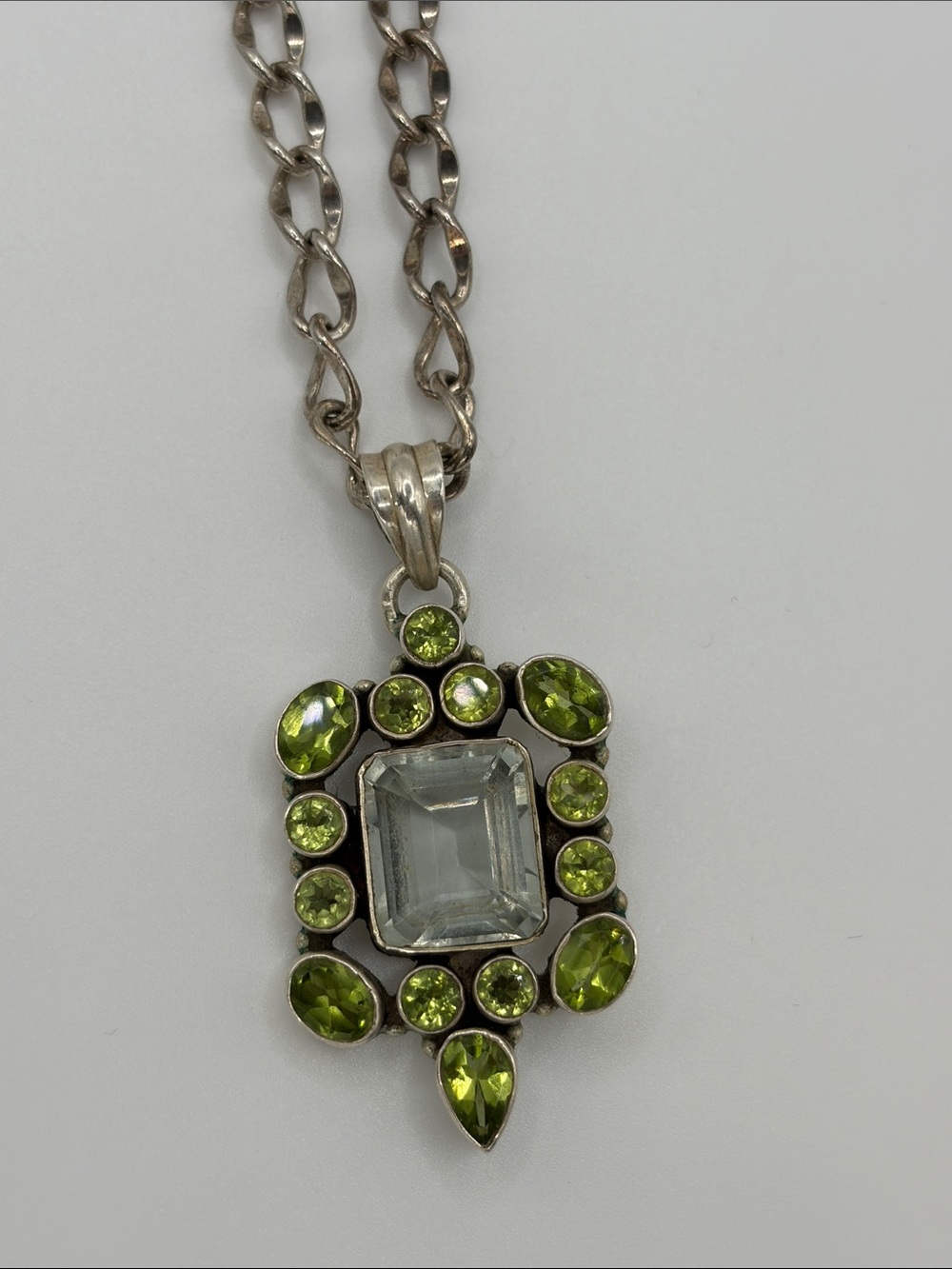 Sterling Silver 925 Green Crystal Pendant Necklace, large chain also 925